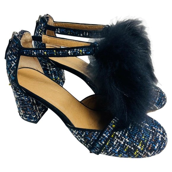 Anthropologie Bettye Muller women 9 Blue T strap Tweed Block Heel Pumps - Picture 3 of 9